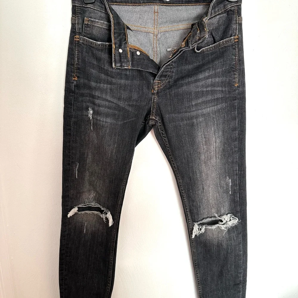 ZARA Distressed Skinny Jeans Size 30 Dark Gray Button Fly High Rise EUC